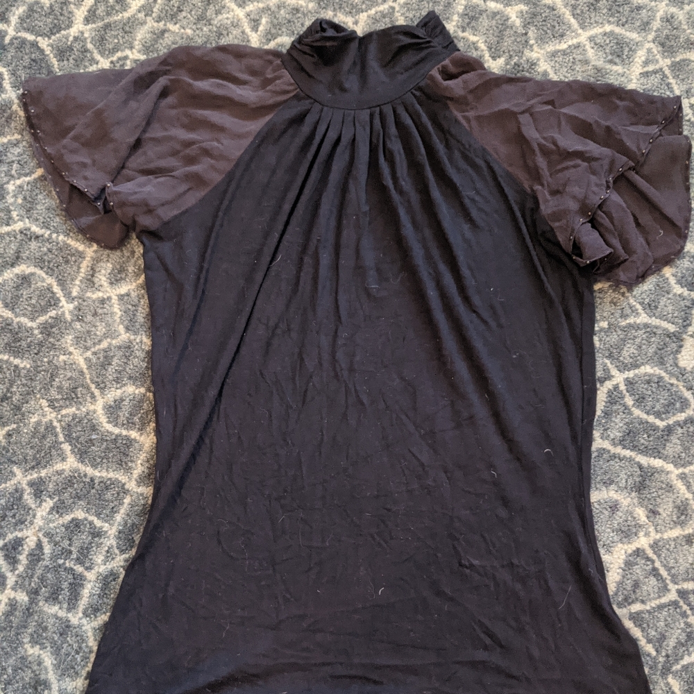 Navy Blouse with flutter sleeve